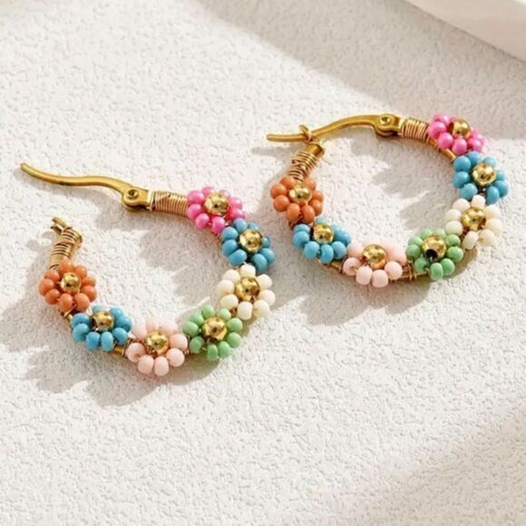 Spring Days Beaded Flower Hoop Earrings - Picture 2 of 3